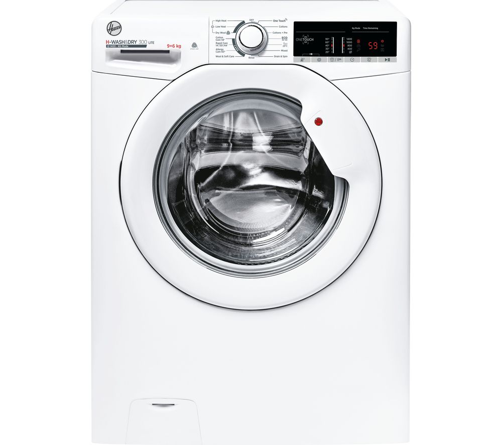 White front-loading washing machine with a transparent door, digital display, control dial, and red indicator light.