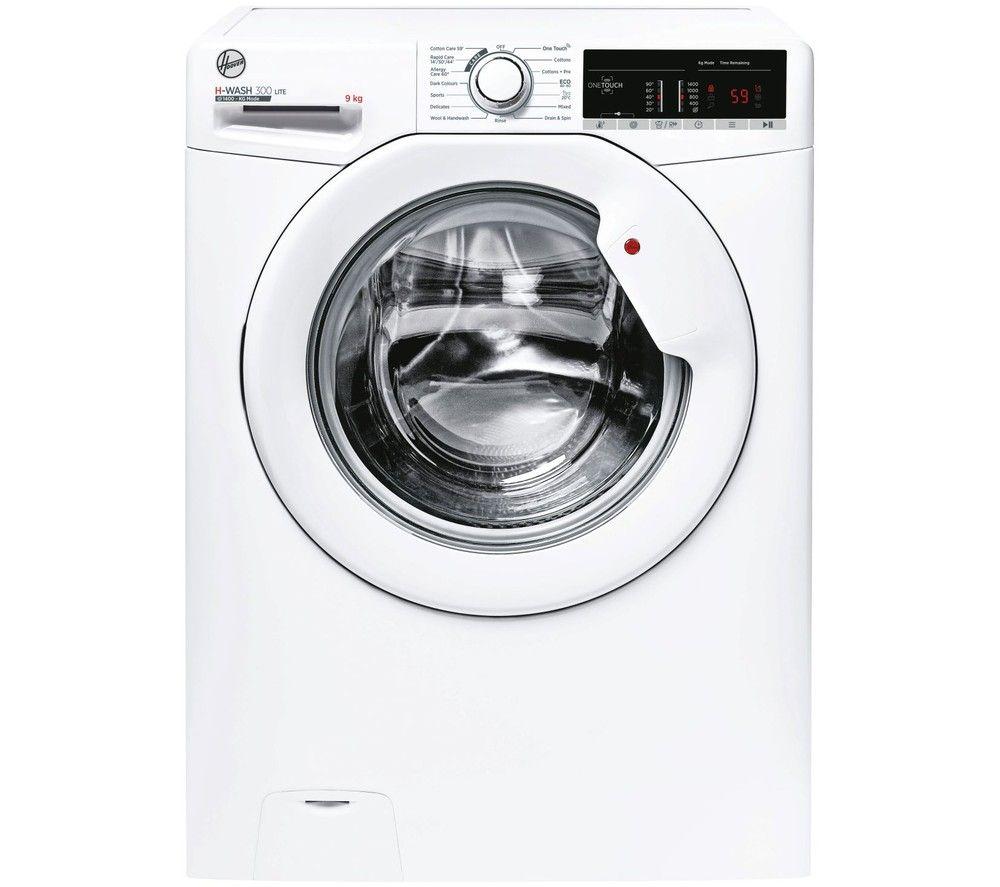 White Hoover H3W49TA41 H Wash 300 washing machine with a 9kg capacity, 1400 spin speed, digital display, and a large circular glass door.