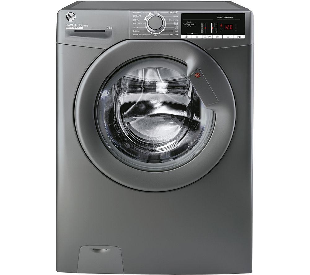 Graphite-colored Hoover H-Wash 300 washing machine featuring a transparent front door, digital display, and control dial, with a 9KG capacity and 1400RPM spin speed.