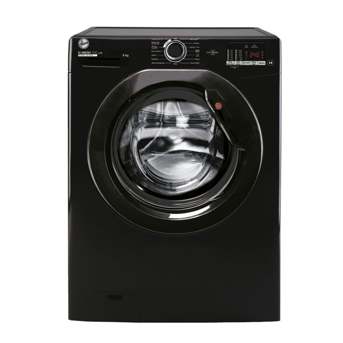 Black front-loading washing machine with a large glass door, digital control panel, and various wash settings displayed.