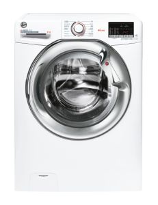 Front-loading washing machine in white with a large glass door, chrome accents, control panel with digital display, and multiple wash settings.