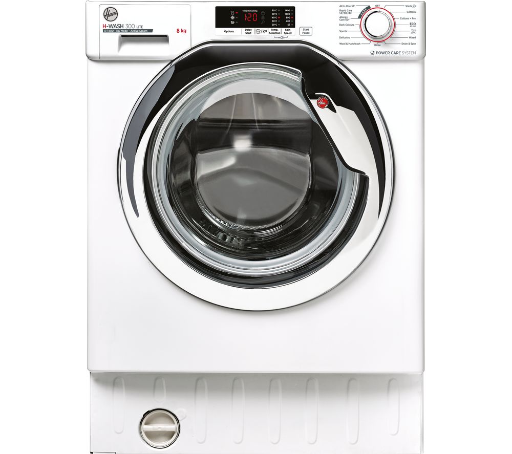 White front-loading washing machine with a large glass door, chrome accents, digital display, and control panel featuring various wash settings.