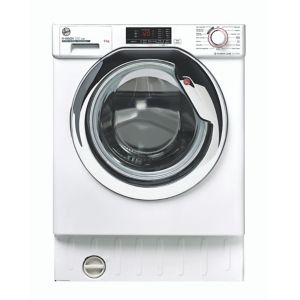 White front-loading washing machine with a large transparent door, digital display, control knobs, and a sleek chrome finish.