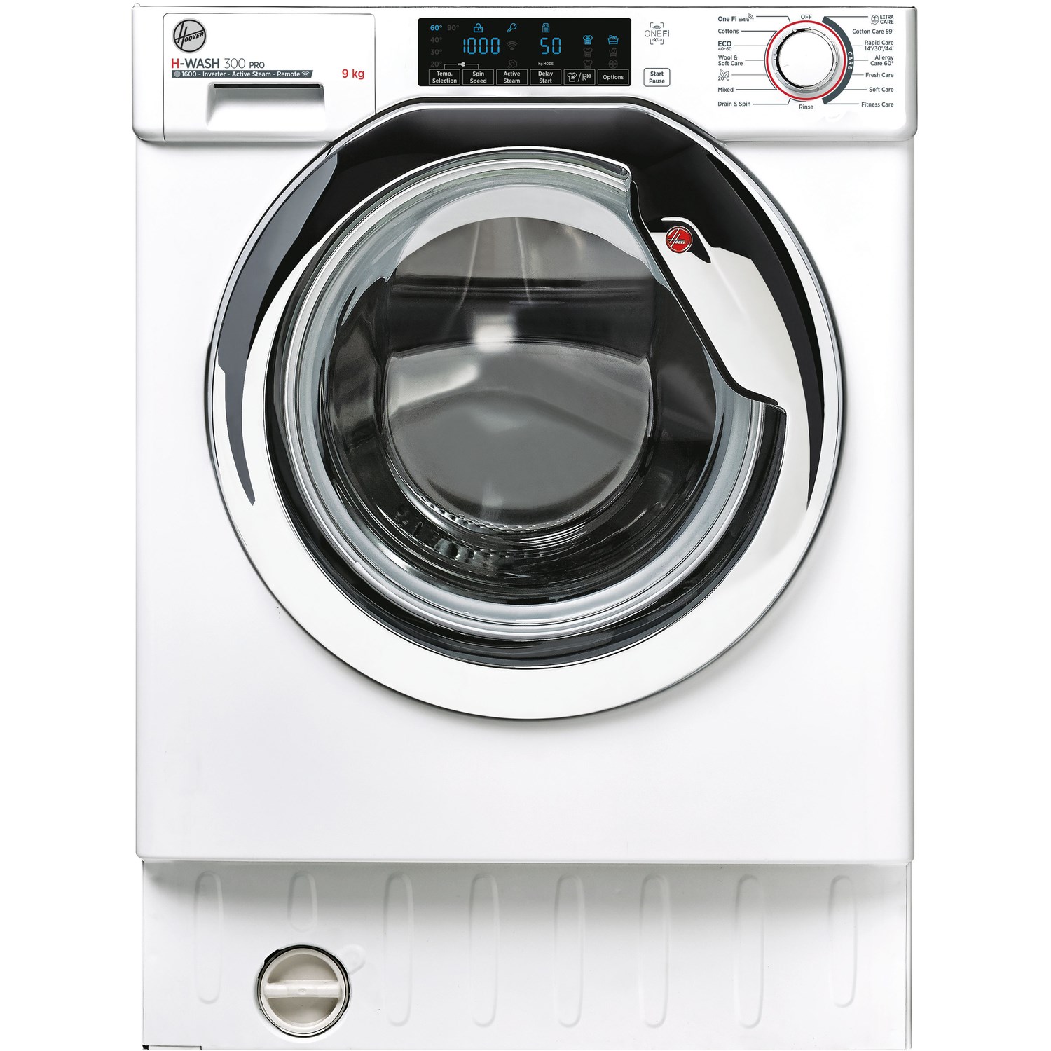 White built-in washing machine with a chrome door, digital display, and control knobs, featuring a 9kg capacity and 1600 RPM spin speed.