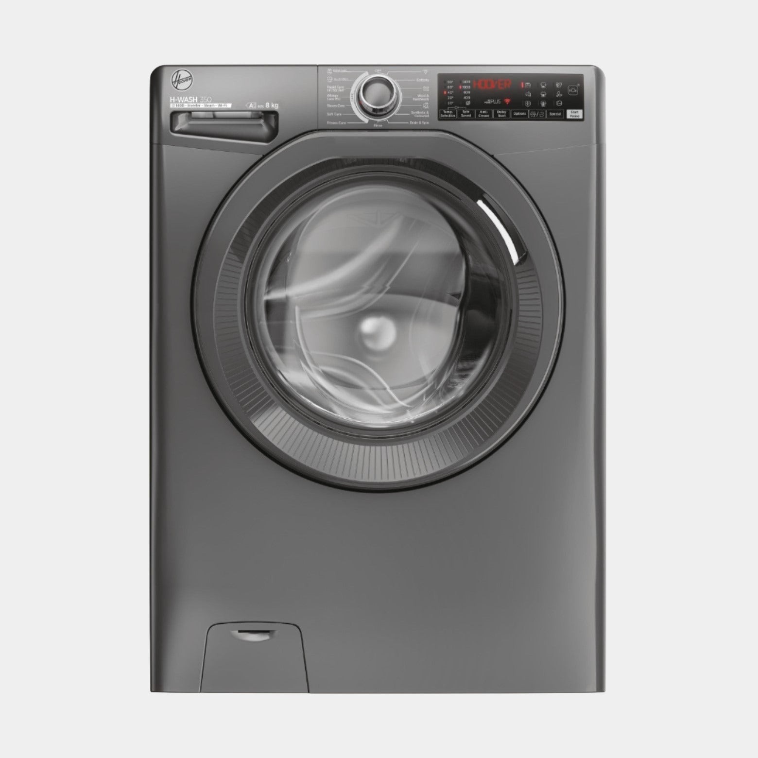 Hoover H3WPS4106TRR H Wash 350 washing machine in sleek graphite grey, featuring a large front-loading glass door, digital display, and control panel with buttons and knobs.