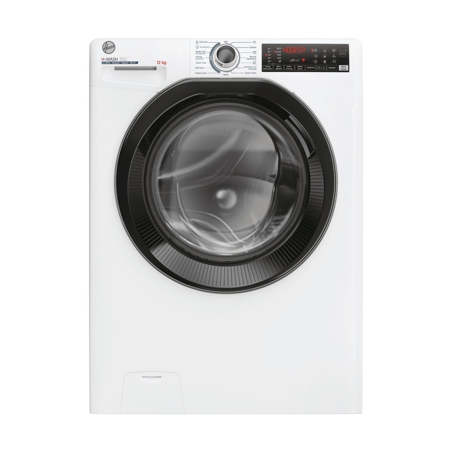 White Hoover H-Wash 350 washing machine with a transparent front door, digital control panel, and WiFi capability, featuring a 12 kg capacity and 1400 rpm spin speed.