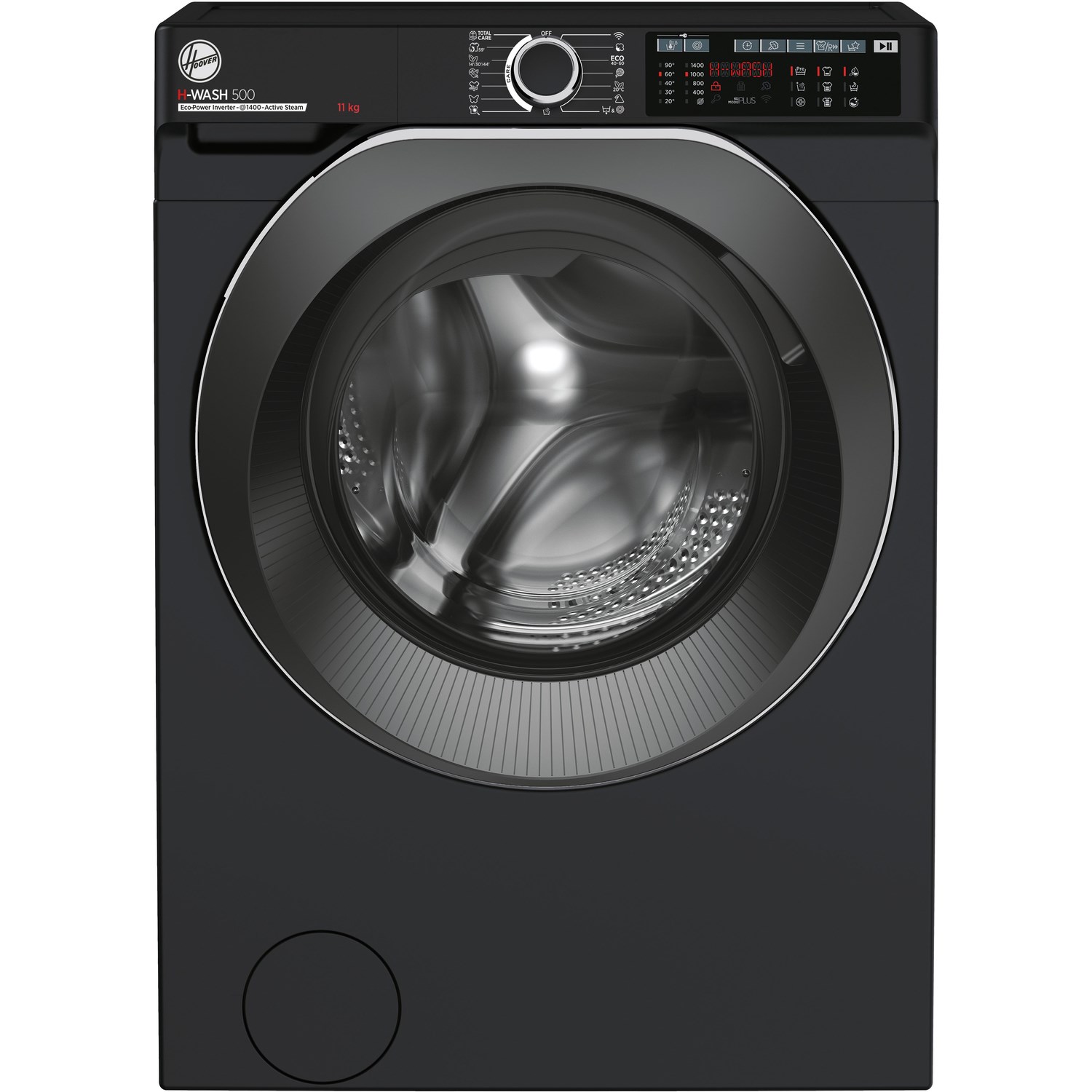 Freestanding black Hoover H-Wash 500 washing machine with a large glass door, digital control panel, and Wi-Fi connectivity, featuring an 11kg capacity and 1400rpm spin speed.