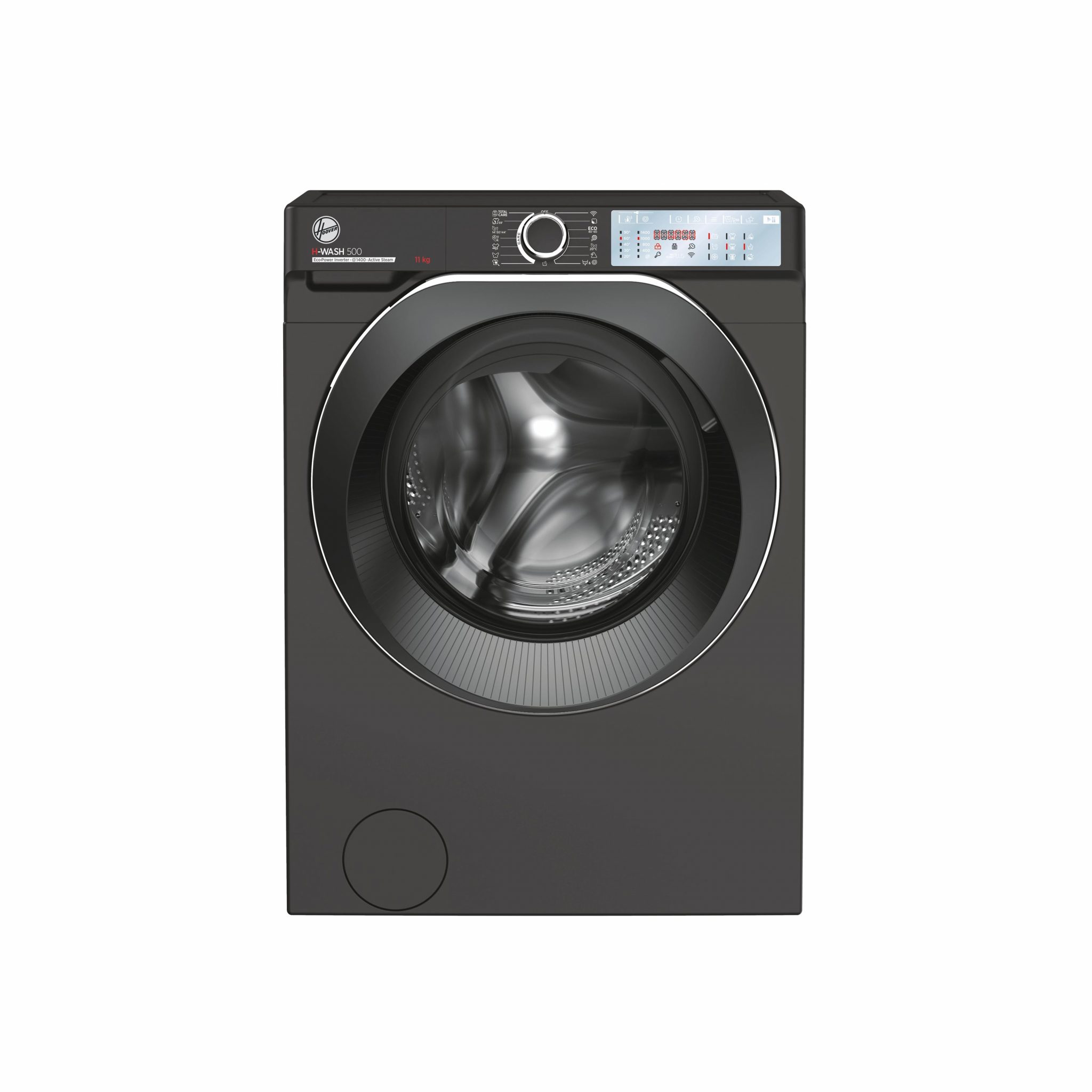 Front-loading washing machine in sleek black finish, featuring a large transparent door, digital control panel with LED display, and various wash cycle options.