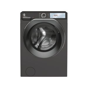 Graphite-colored freestanding Hoover H-Wash 500 washing machine features a large circular door, digital display, and smart Wi-Fi connectivity, with a 9kg capacity and 1400rpm spin speed.