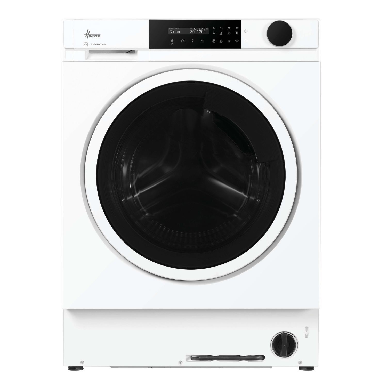 White integrated washing machine with a black door, digital display, control knob, and a 10kg capacity, featuring a 1400rpm spin speed.