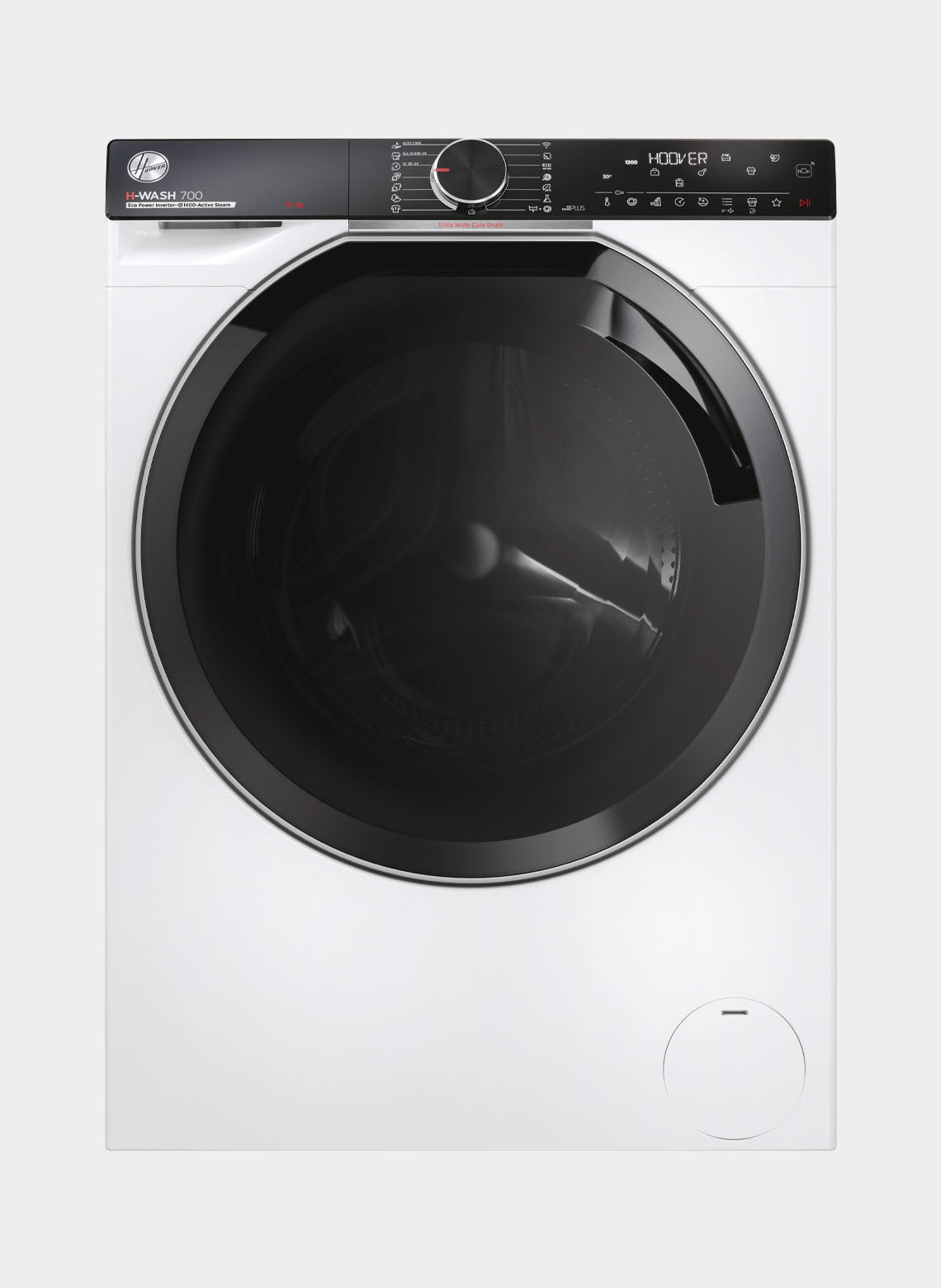 White freestanding washing machine with a large black door, digital control panel, and a capacity of 12kg, featuring a 1400 RPM spin speed.