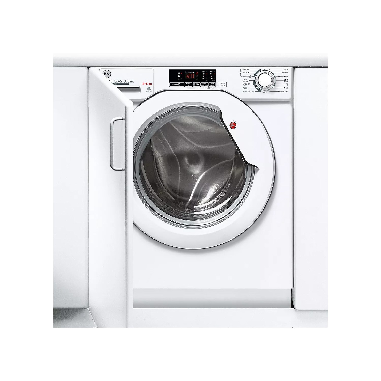 White built-in washer dryer with a circular glass door, digital display, control knobs, and a sleek design, featuring an 8 kg wash and 5 kg dry capacity.