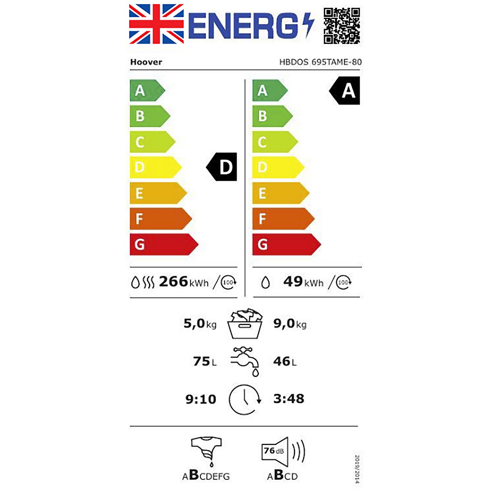 Hoover H-Wash & Dry 300 HBDOS695TAME 9&5KG 1600RPM White Built in Washer Dryer - image 3