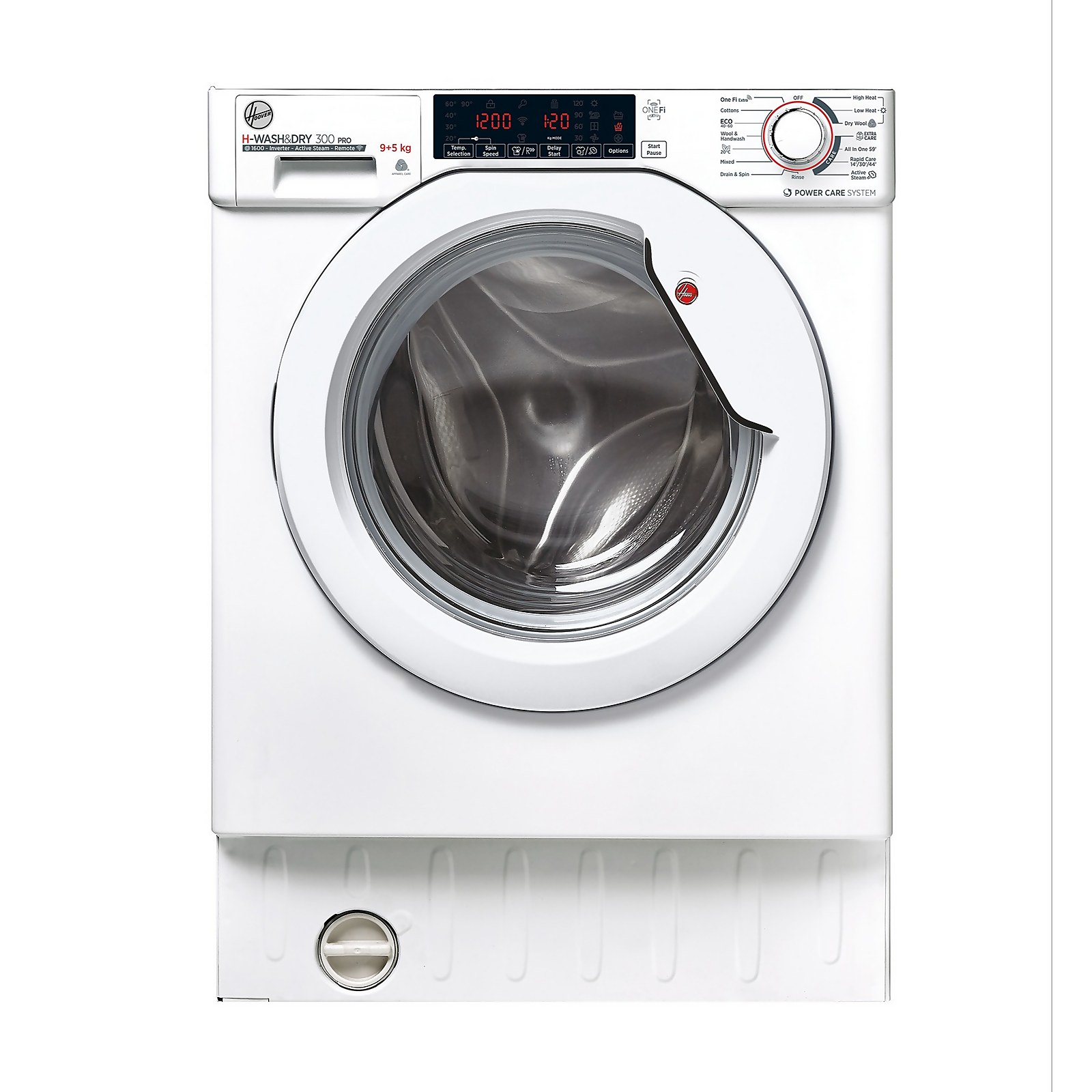 White front-loading washing machine with a large glass door, digital display, and control knobs, featuring a sleek design and Hoover branding.