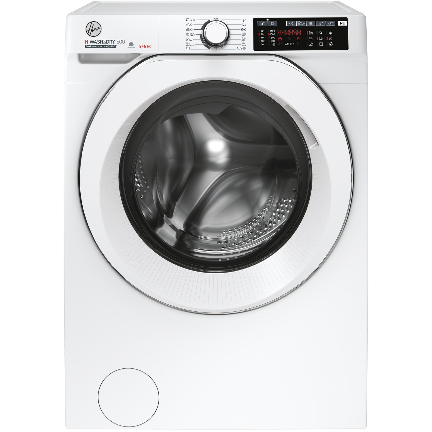 White Hoover HD496AMC 1-80 H-WASH 500 washer dryer with a large glass door, digital control panel, and WiFi connectivity, featuring a 9kg wash and 6kg drying capacity.
