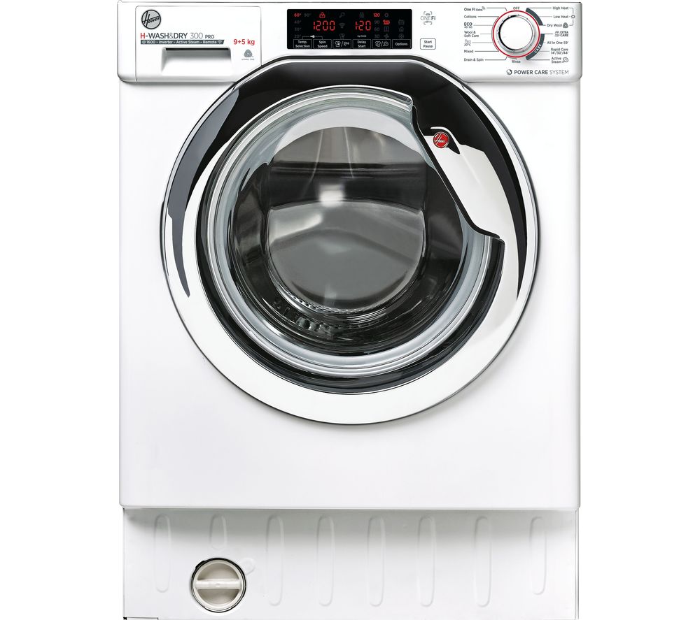 Integrated washer dryer in white with a chrome door, featuring a digital control panel, large glass window, and a sleek design, labeled "Hoover HBDOS695TAMCET80."