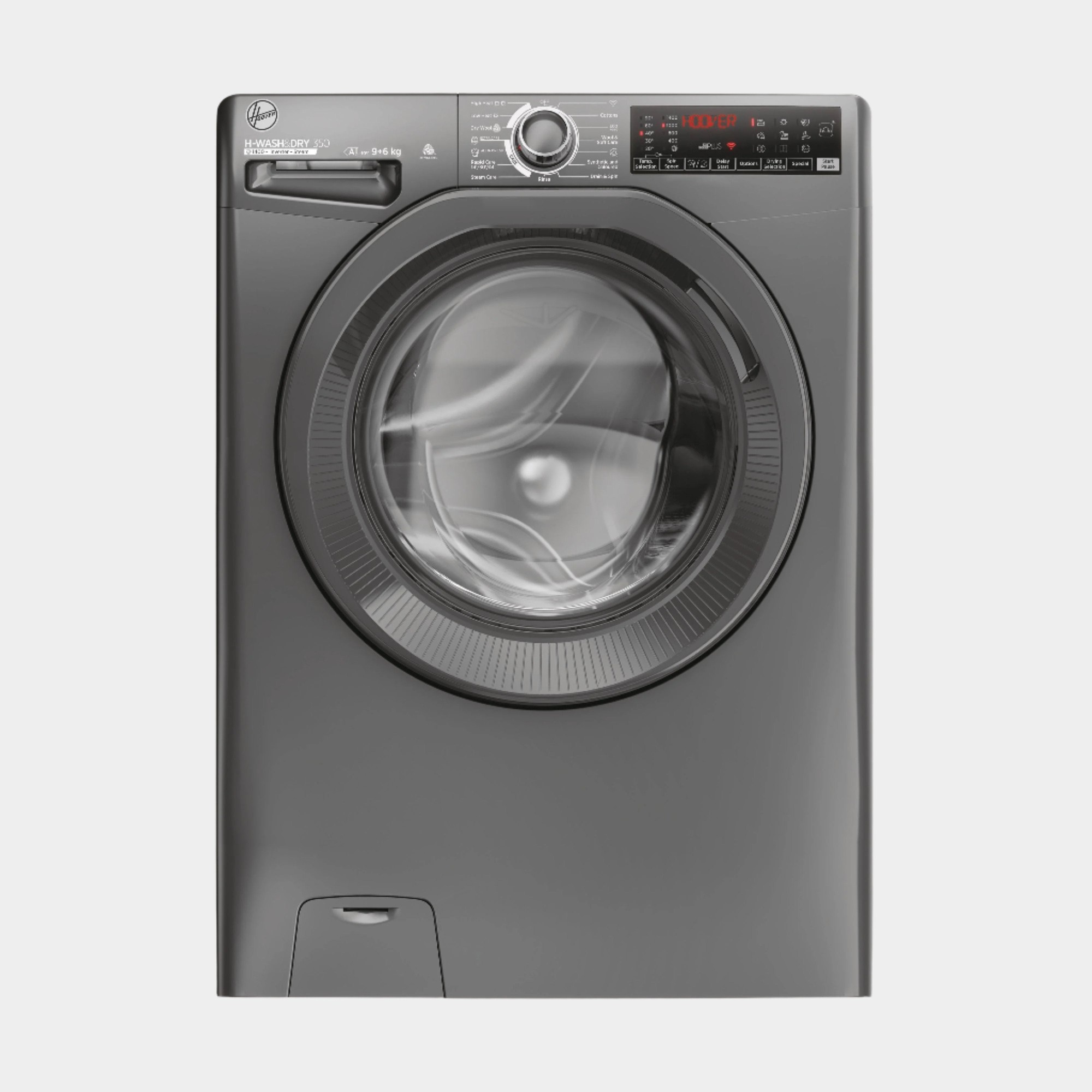 Hoover H3DPS4966TAM H Wash Dry 350 washer dryer in graphite with a large glass door, control panel featuring digital display and buttons, and a sleek modern design.