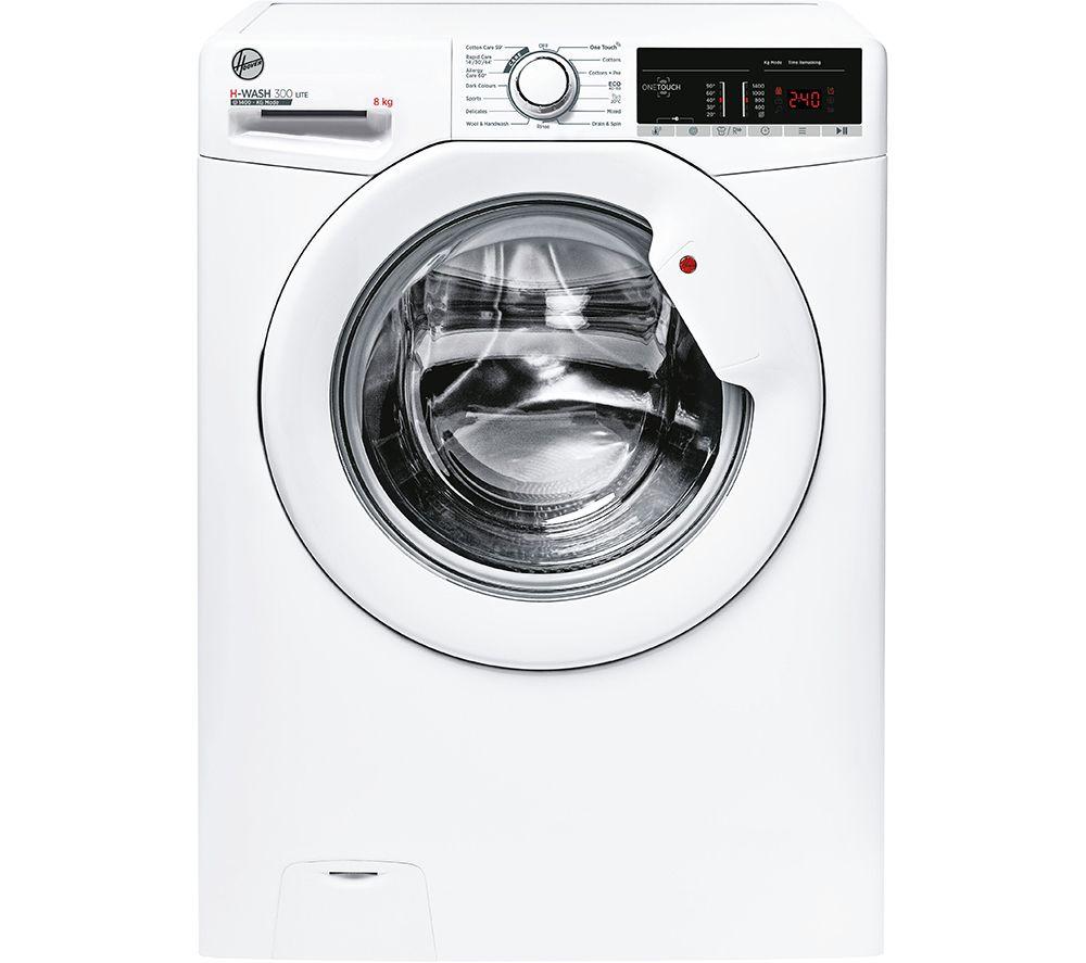 White front-loading washing machine with a large glass door, digital display, control knobs, and a sleek, modern design.
