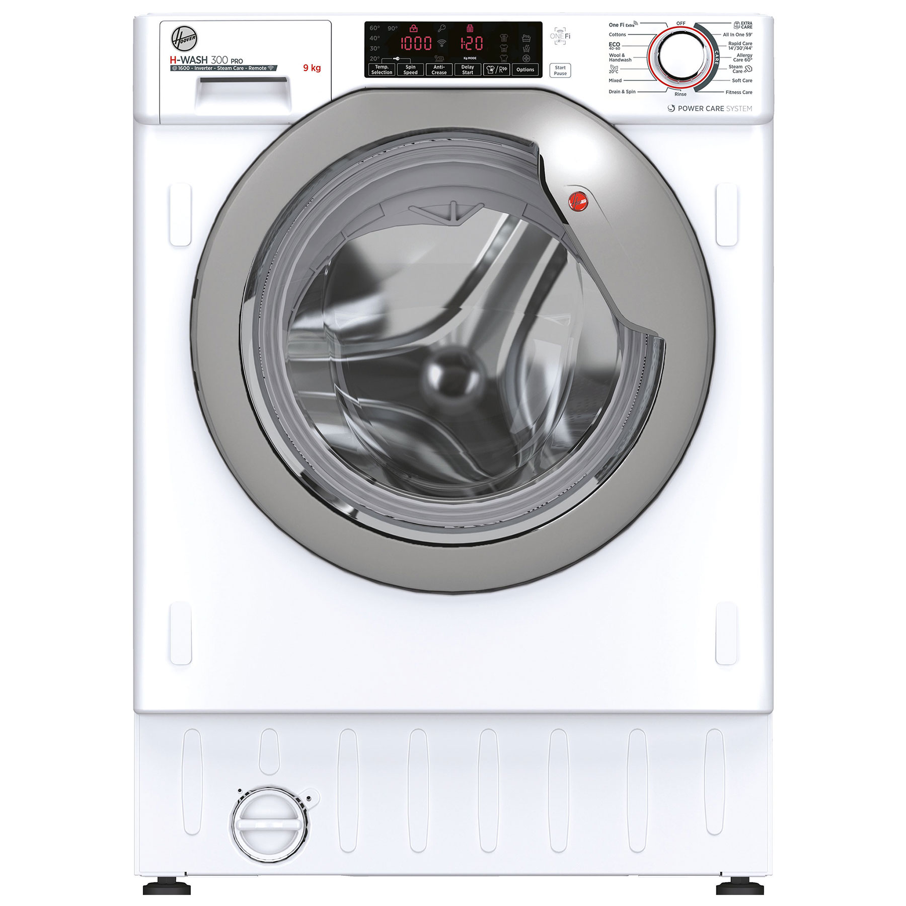 White built-in washing machine with a large circular glass door, silver trim, digital display panel, and a 9kg capacity, featuring a 1600 RPM spin speed.
