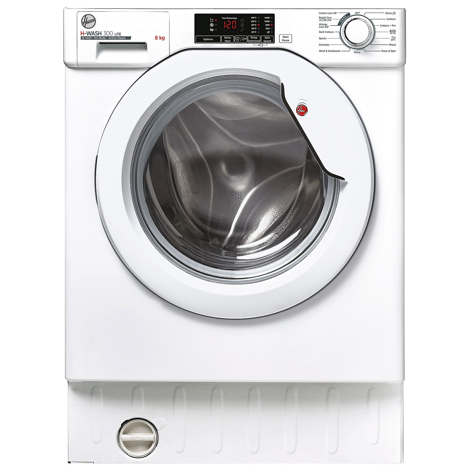 White integrated washing machine with an 8kg capacity, 1400rpm spin speed, a circular glass door, digital display, and control knobs on the front panel.