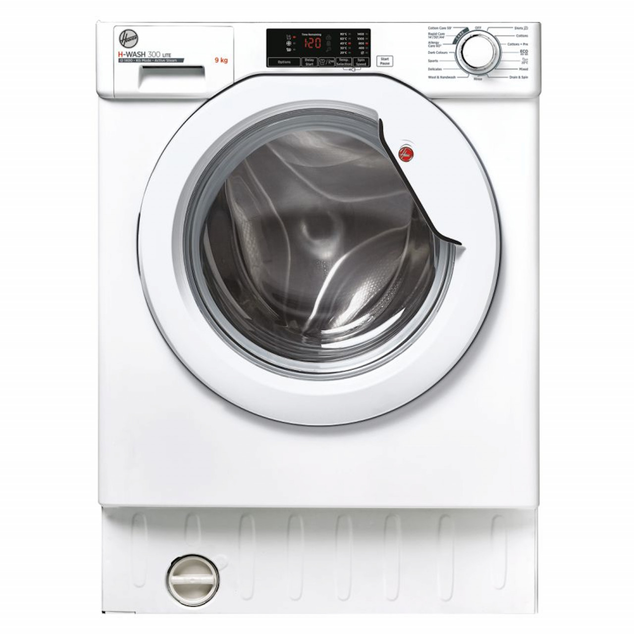 White built-in washing machine with a transparent door, control panel featuring a digital display and multiple dials, and a 9kg capacity rated at 1400 RPM.