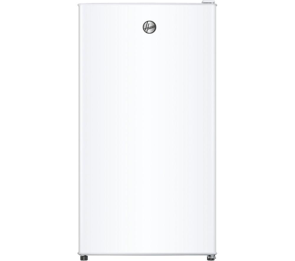 Freestanding white fridge by Hoover, model HD1D90EWC(UK), featuring a smooth finish, minimalist design, and energy-efficient E rating.