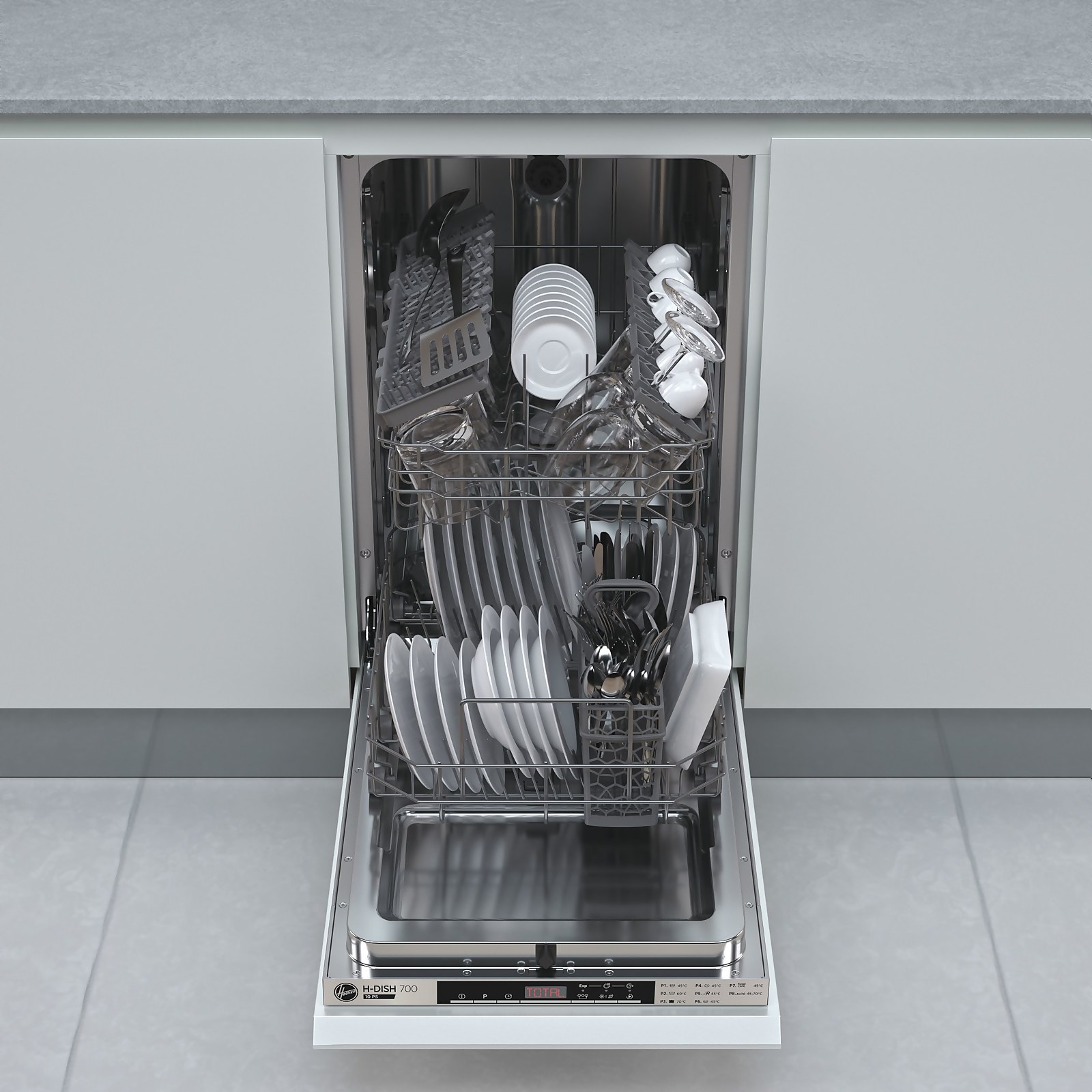 Slimline built-in dishwasher with a stainless steel finish, featuring a fully loaded rack of plates, glasses, cutlery, and kitchen utensils, designed for 10 place settings.