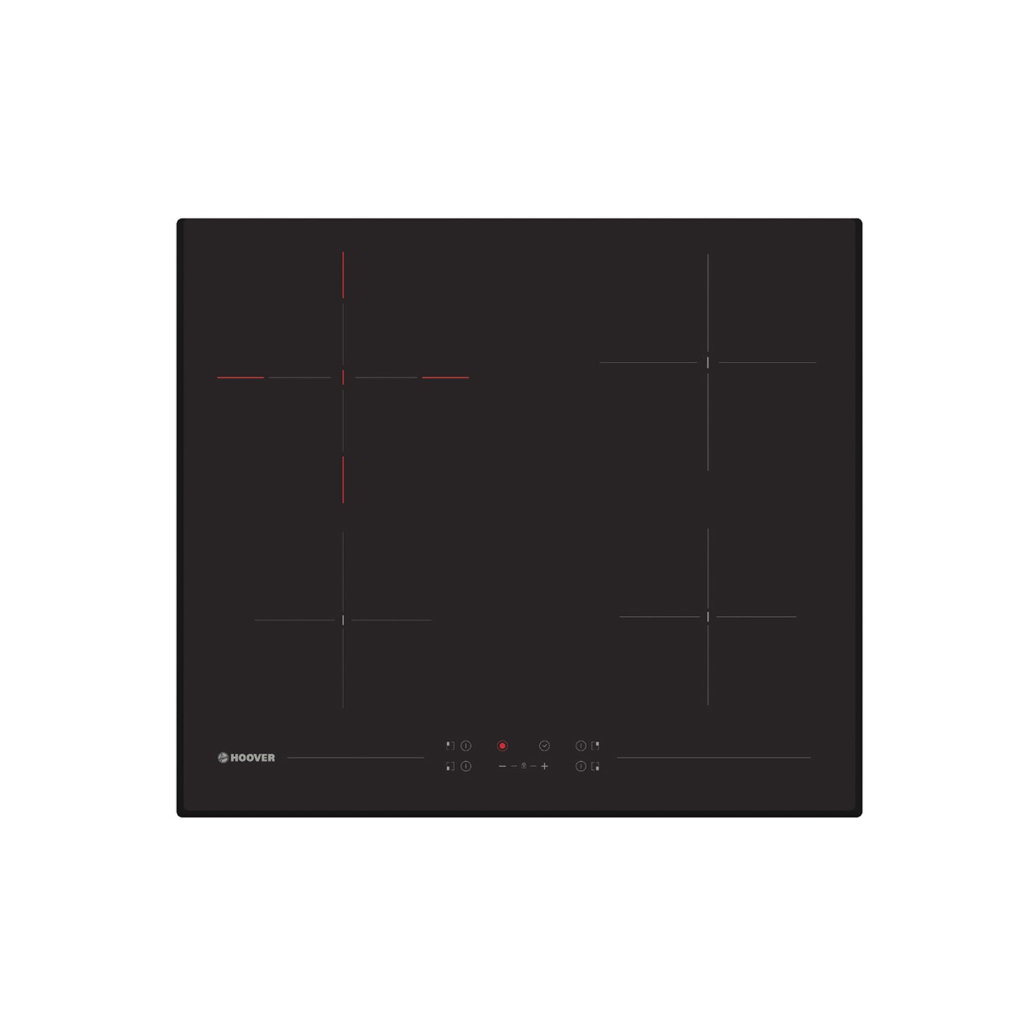 Black glass induction cooktop featuring four cooking zones with red indicators and touch controls at the bottom.