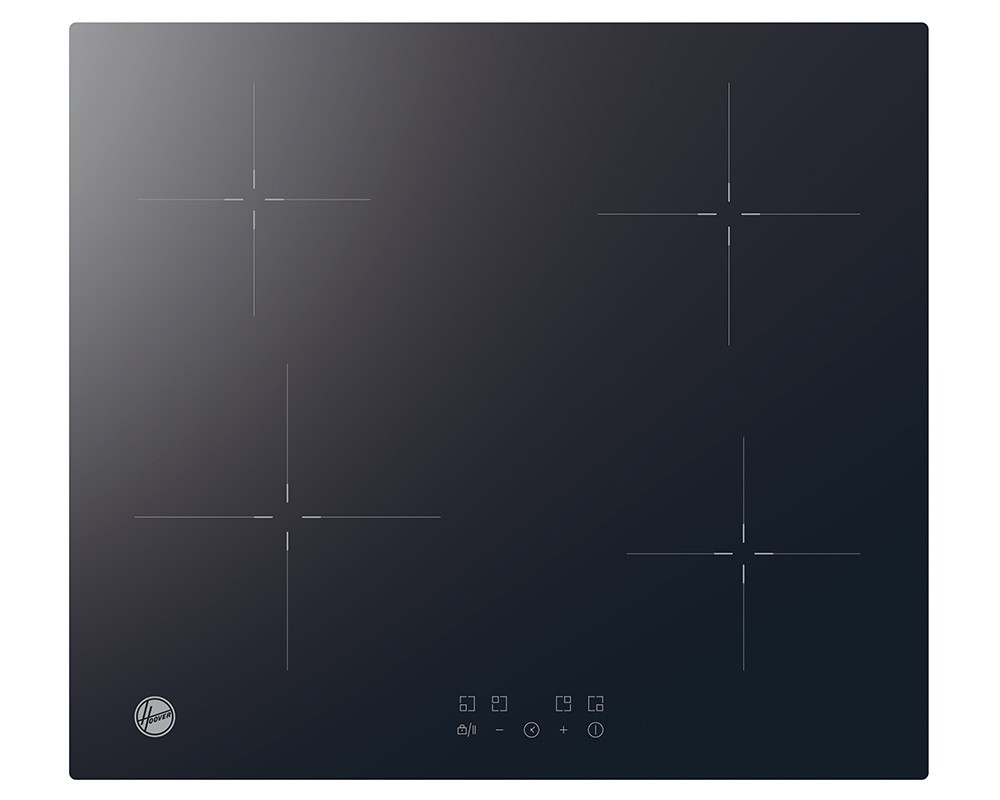Black 60cm induction hob with four cooking zones, sleek glass surface, touch controls, and a minimalist design, featuring a logo in the bottom left corner.