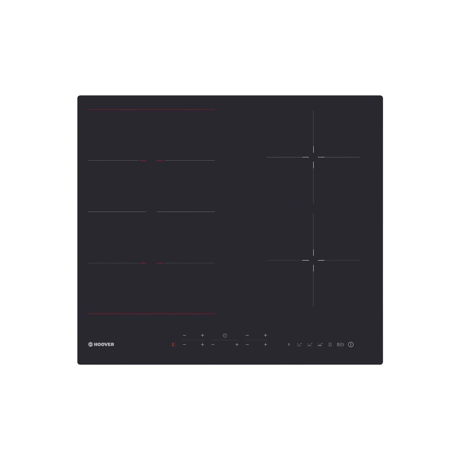Black induction hob with four cooking zones, touch control panel, sleek design, and illuminated indicators for each zone, featuring a modern, minimalist aesthetic.