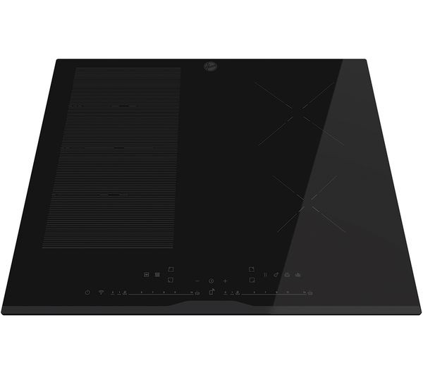 Black glass electric induction smart hob with four cooking zones, touch controls, and a sleek, modern design.