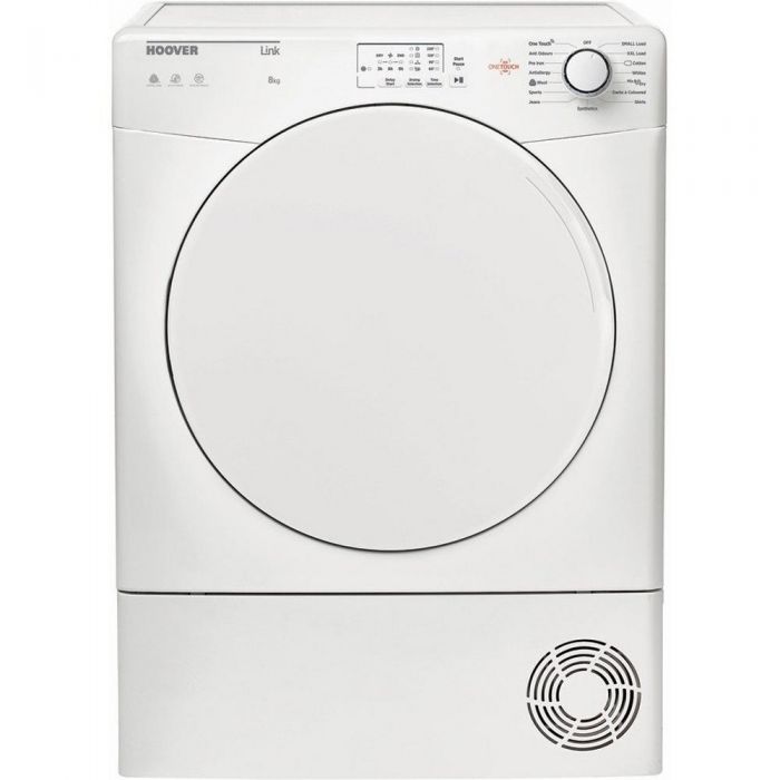White freestanding condenser tumble dryer with an 8kg capacity, featuring a large circular door, control panel with buttons and a dial, and a vent at the bottom.