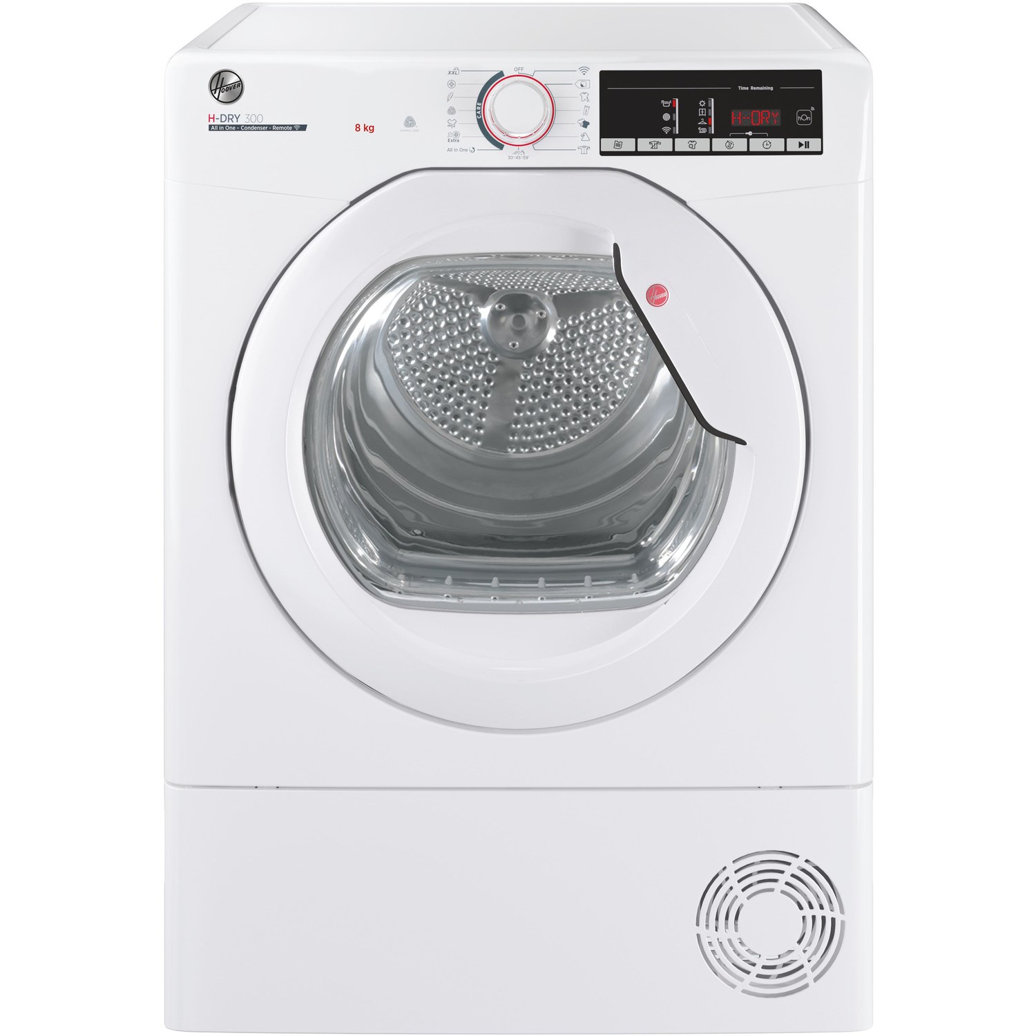 White freestanding condenser tumble dryer with an 8kg capacity, featuring a clear door, control panel with a digital display, and a vent at the bottom right.