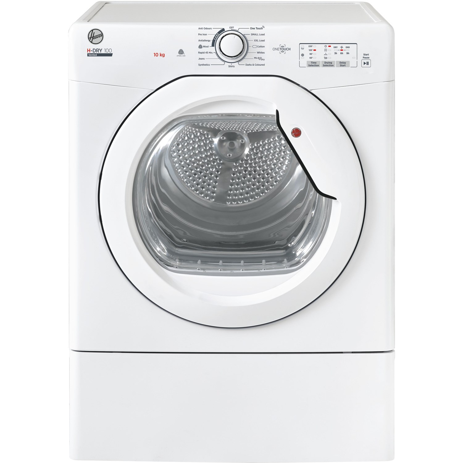 White Hoover HLEV10DG 10KG vented freestanding tumble dryer featuring a transparent door, control panel with buttons and a dial, and a large capacity for laundry.