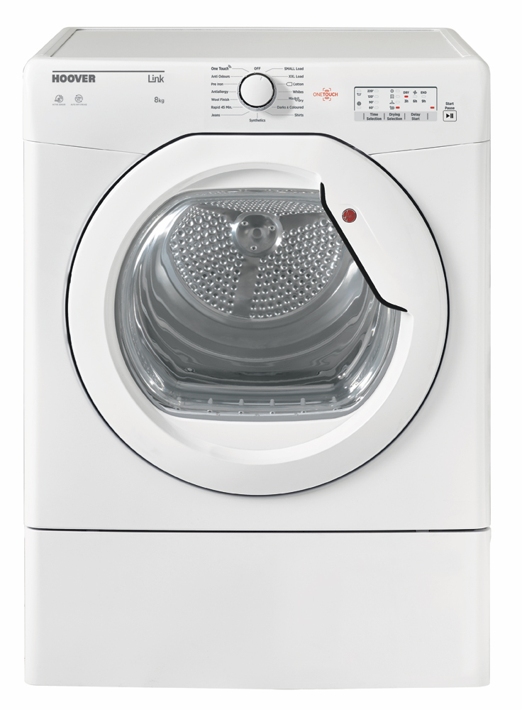 White Hoover HLEV8LG-80 8Kg vented tumble dryer featuring a large transparent door, control panel with buttons and digital display, and a sleek modern design.