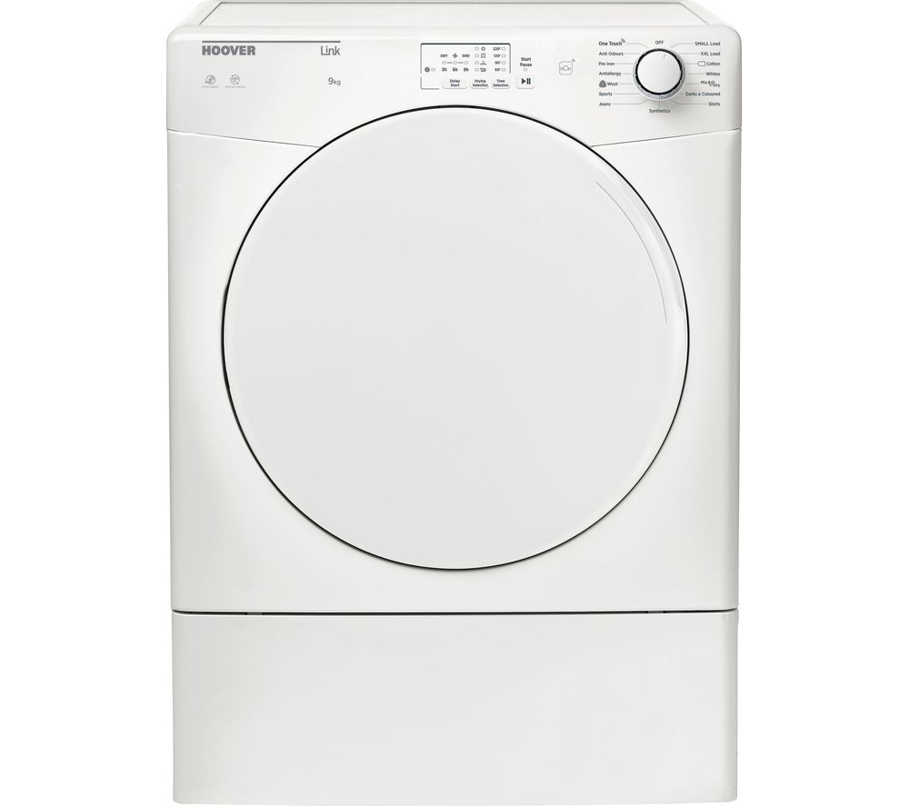 White Hoover H-Dry 100 vented tumble dryer with a large circular door, control panel featuring buttons and a digital display, and a sleek, modern design.
