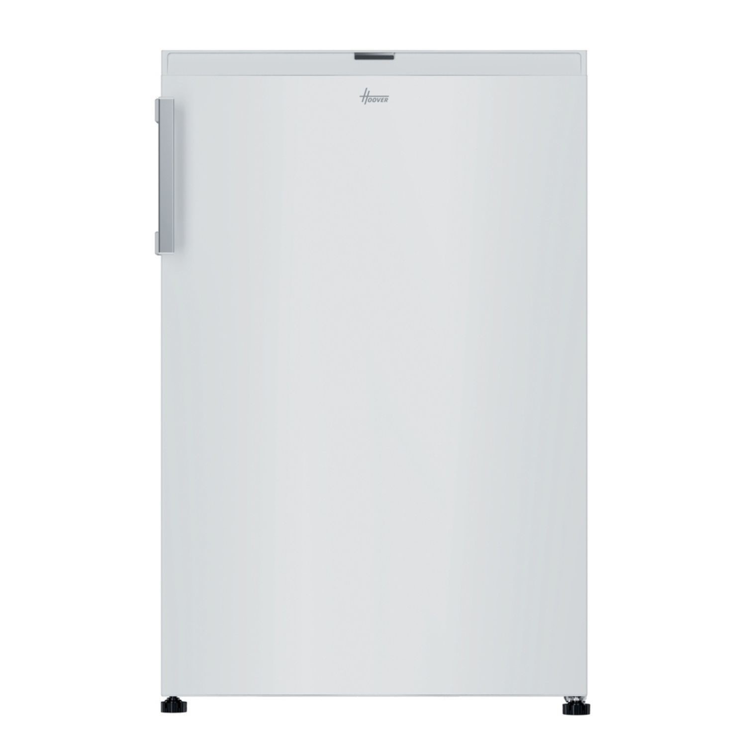 White Hoover H-FRIDGE 300 mini under counter larder fridge with a sleek design, featuring a silver handle and energy-efficient E rating.