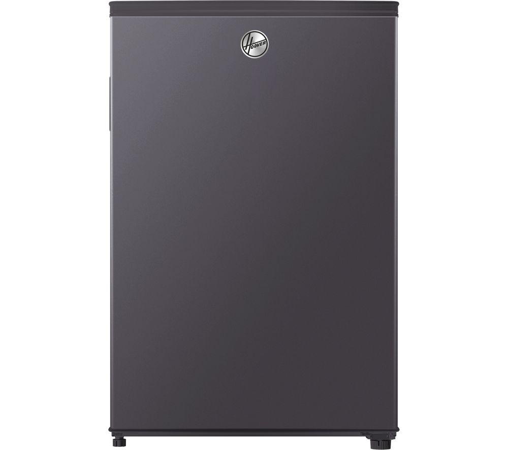 Silver freestanding freezer with an 85L capacity, 55cm width, sleek design, and Hoover logo on the front, featuring a smooth metal finish and adjustable feet.