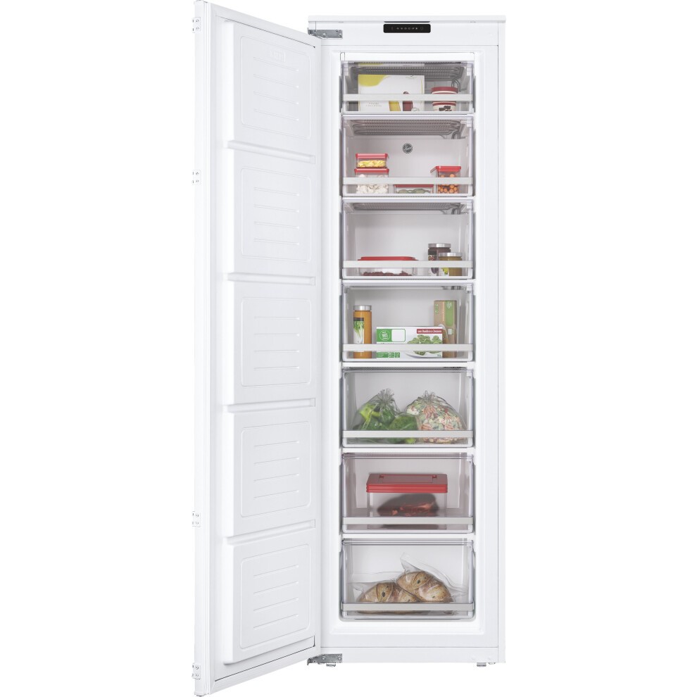 Tall white integrated freezer with a sleek design, featuring multiple transparent drawers for easy access to frozen items and a smooth, flat front panel.
