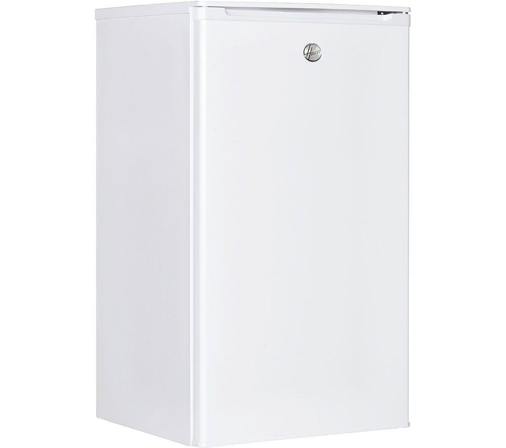 White freestanding upright freezer with a sleek design, featuring a 60L capacity, 48cm width, and a simple handle, ideal for efficient food storage.