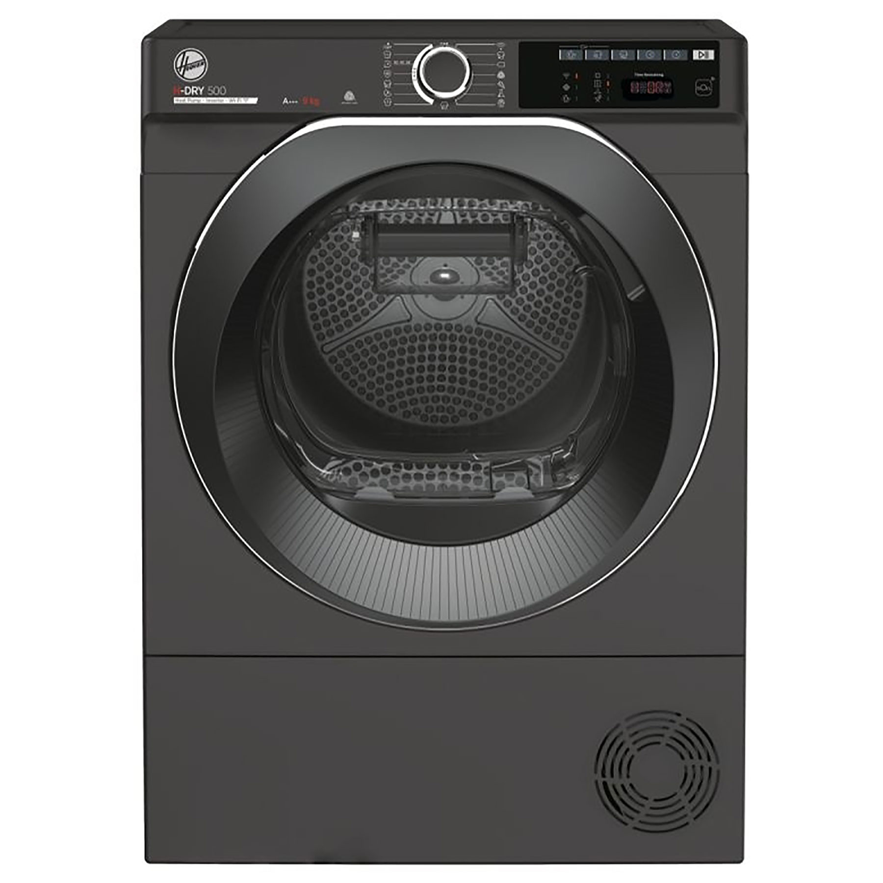 Graphite-colored Hoover H-Dry 500 heat pump tumble dryer with a 9kg capacity, A+++ energy rating, Wi-Fi connectivity, and a sleek front-loading design featuring a large door.