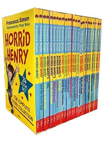 Colorful box set of 24 paperback books titled "Horrid Henry the Complete Story Collection" by Francesca Simon, featuring playful illustrations and a bright yellow cover with a character on the front.