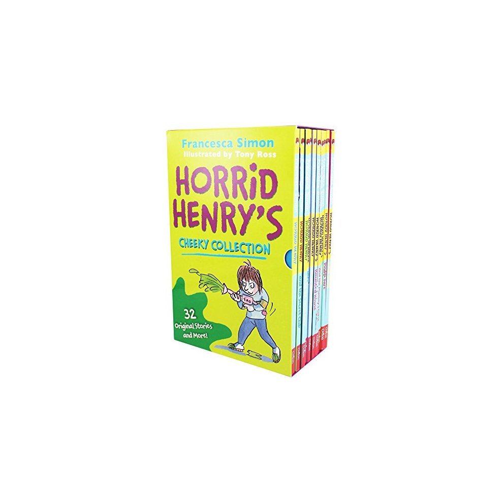 Bright yellow box set featuring "Horrid Henry's Cheeky Collection" by Francesca Simon, with colorful illustrations and spines in blue and red, containing 10 paperback books.