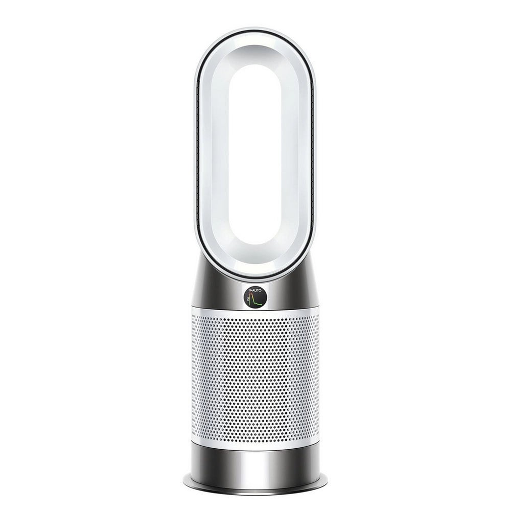 Dyson HP1 Purifier Hot+Cool in white and silver features a sleek, modern design with a circular fan head and a perforated base for air purification and heating.