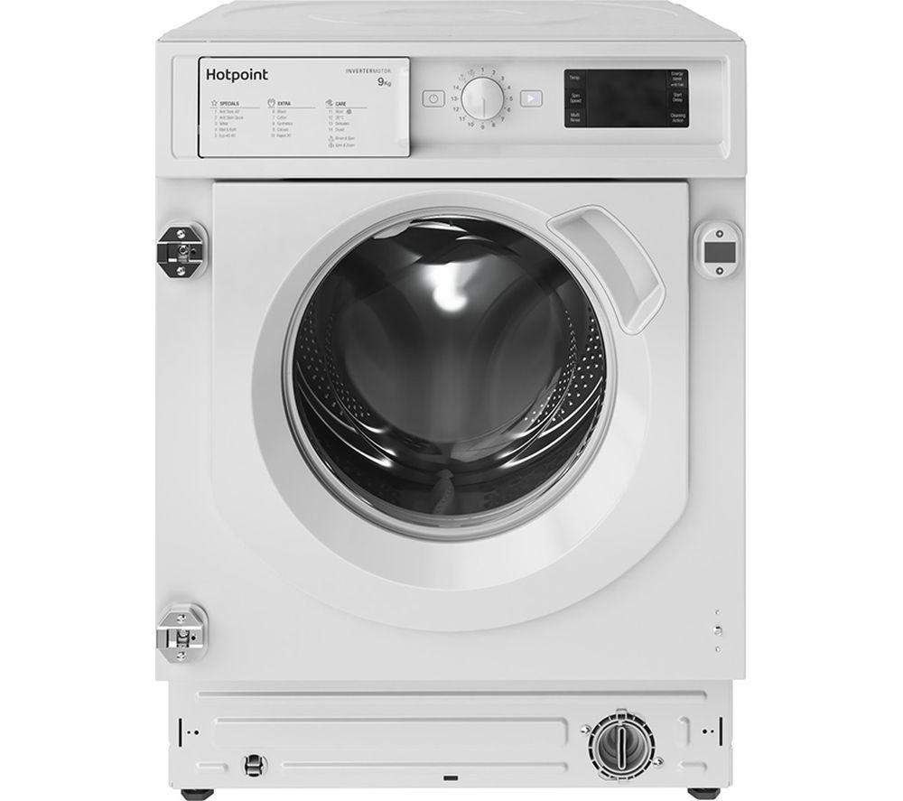 White integrated washing machine with a transparent door, control panel on top left, and a digital display, featuring 9kg capacity, 1400rpm spin speed, and AntiStain technology.