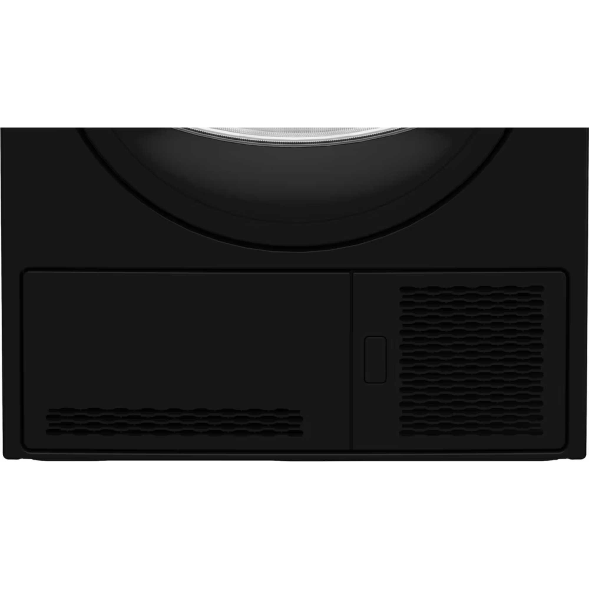 Black condenser tumble dryer with an 8kg capacity, featuring a large circular door, control panel on the front, and venting grille for efficient airflow.