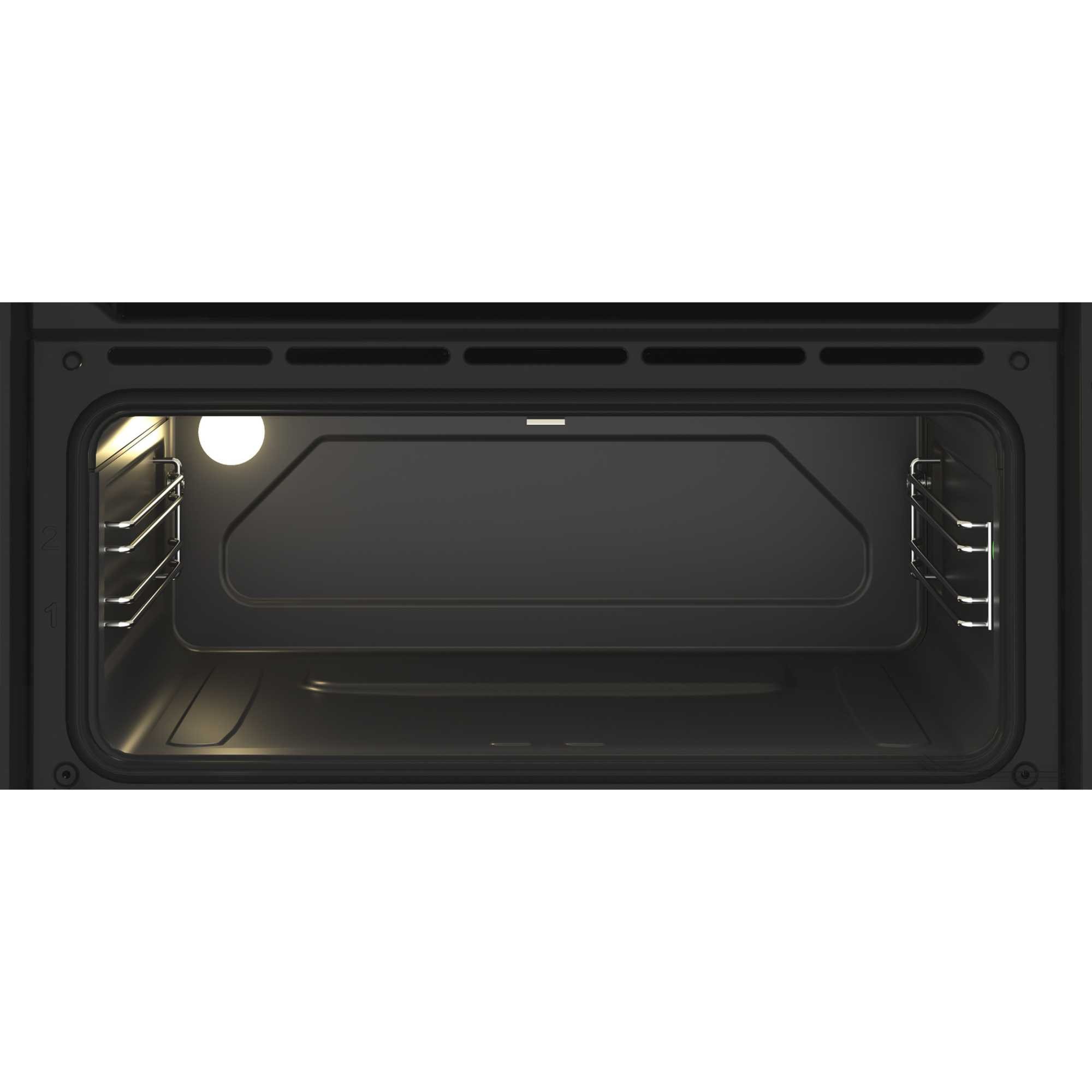 Black built-in electric double oven with a sleek design, featuring a spacious interior, metal racks, and a light for visibility.