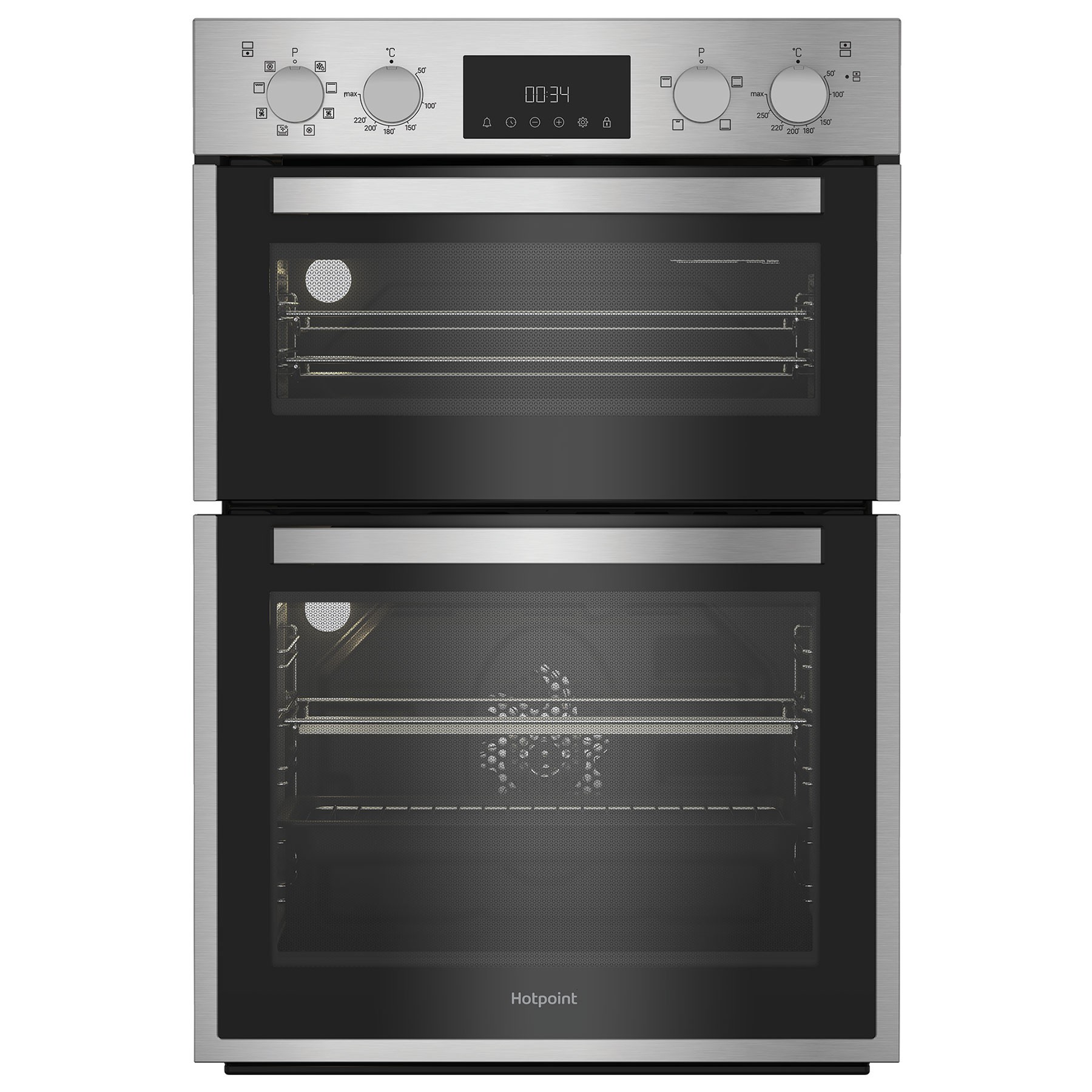 Built-in electric double oven in stainless steel with a sleek design, featuring two glass doors, control knobs, and a digital display for easy operation.