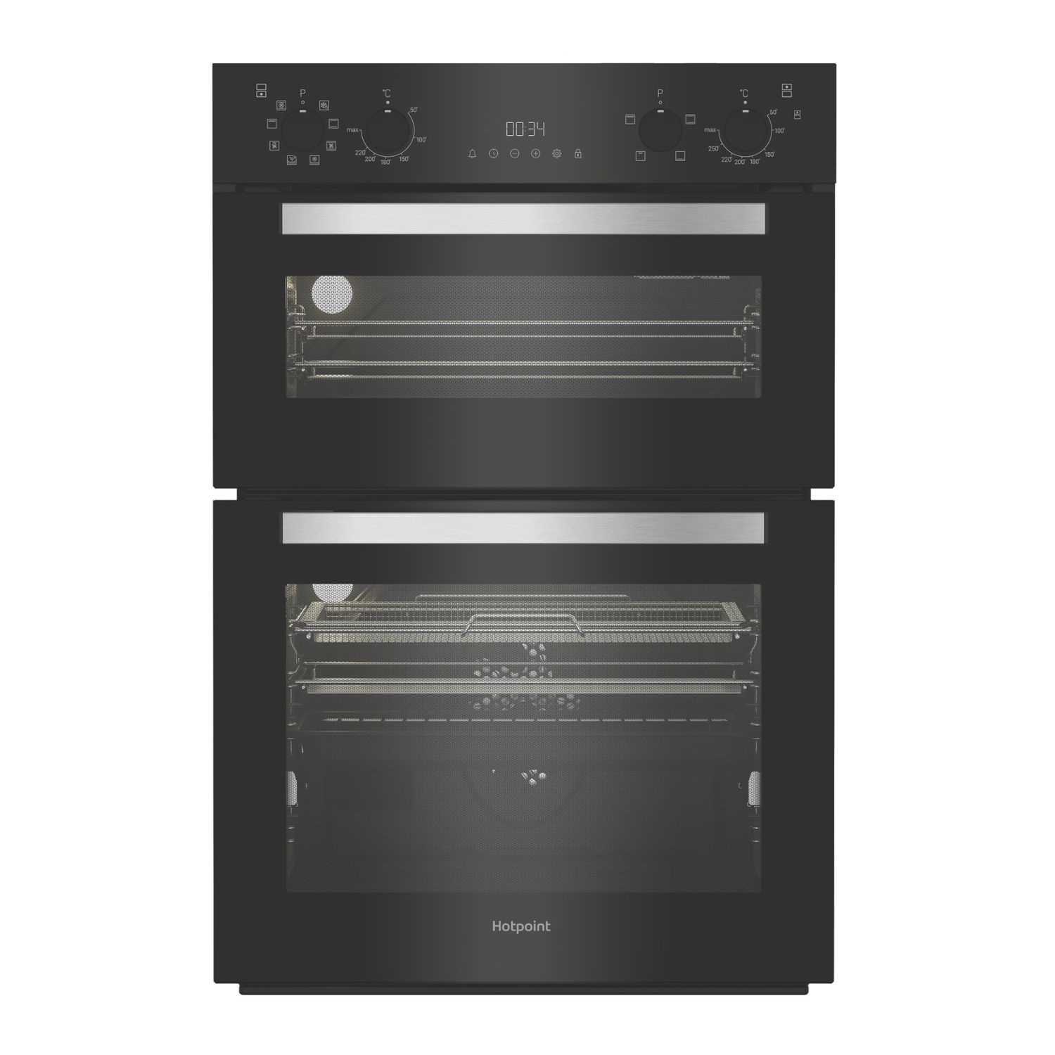 Built-in black electric double oven by Hotpoint featuring stainless steel accents, digital display, and air fry functionality.