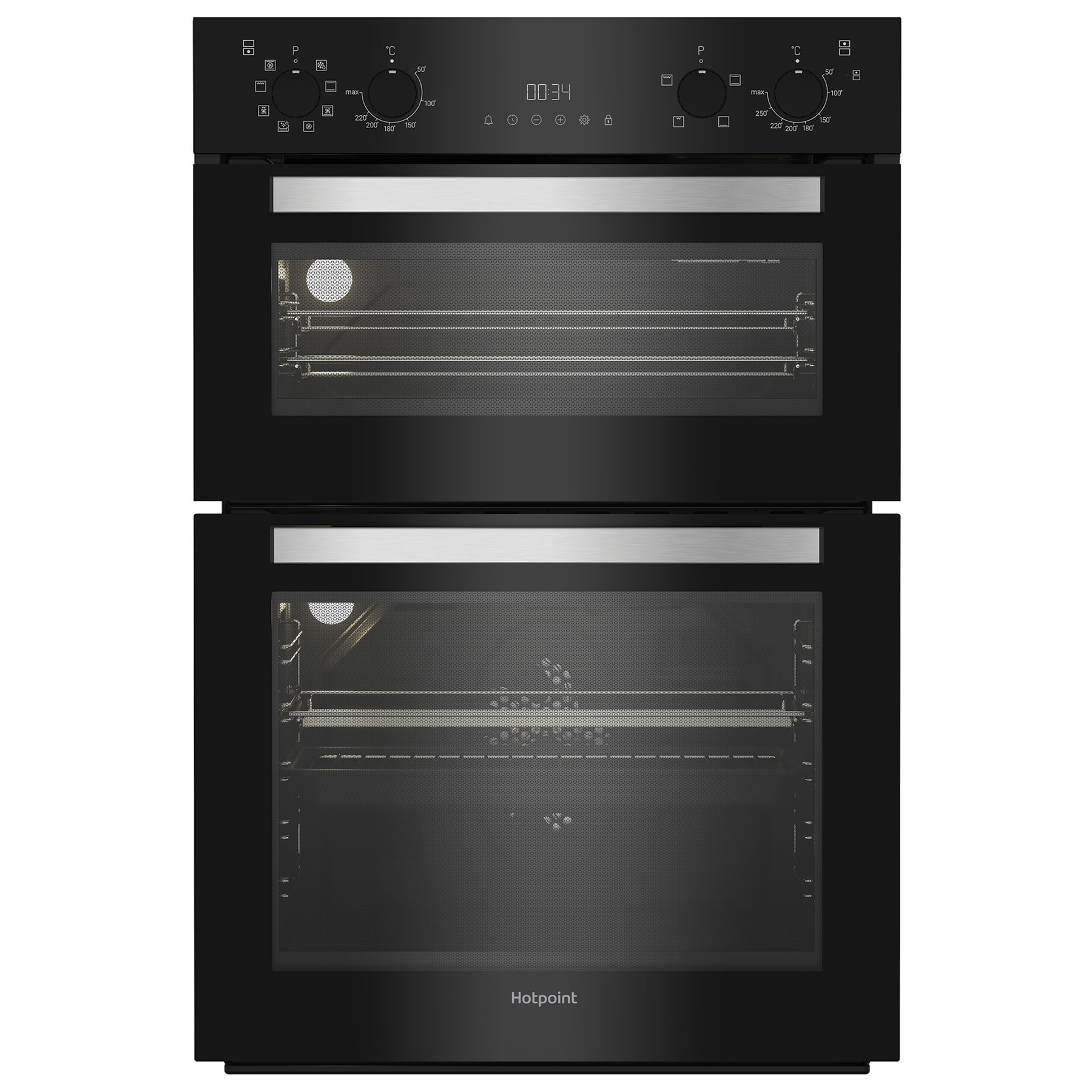 Built-in electric double oven in black with stainless steel accents, featuring two glass doors, control knobs, and a digital display for precise cooking.
